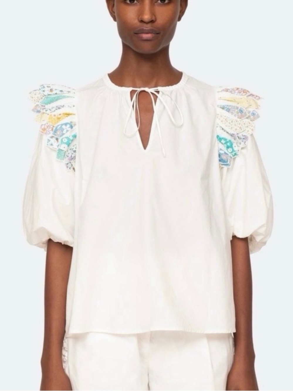Sea New York Linden Quilted Patchwork Puff- Sleeve Top Size Small